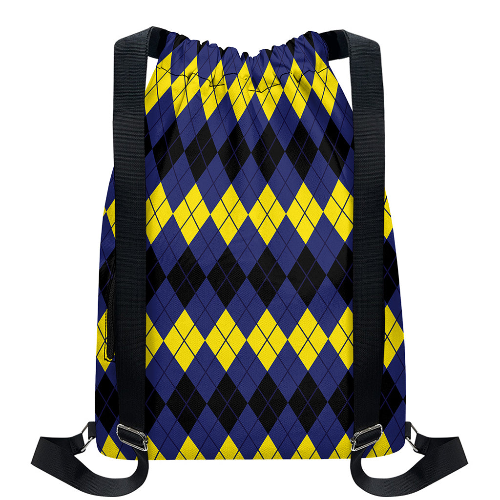 Black Yellow And Blue Argyle Print Drawstring Backpack