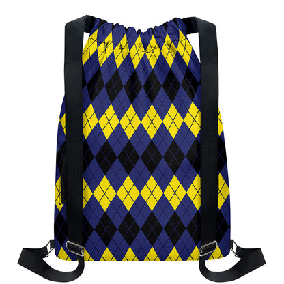 Black Yellow And Blue Argyle Print Drawstring Backpack