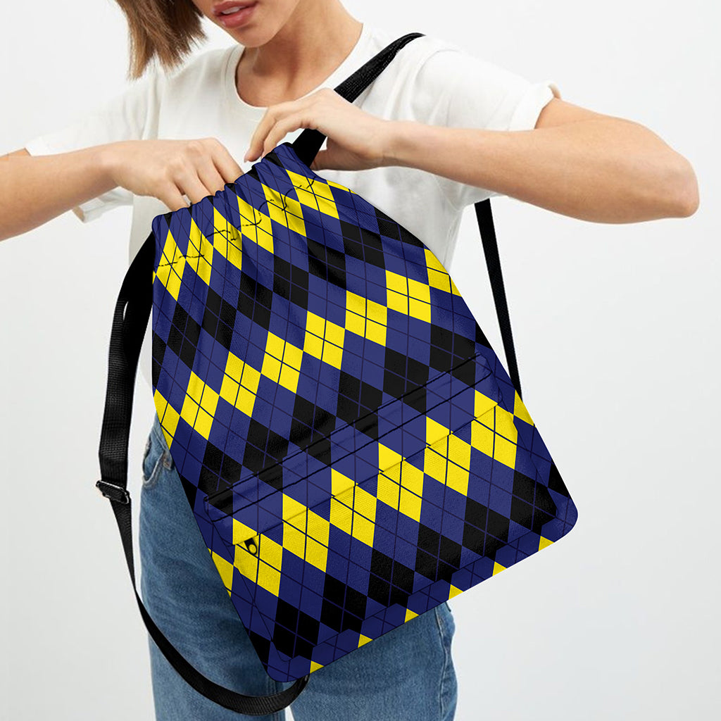 Black Yellow And Blue Argyle Print Drawstring Backpack