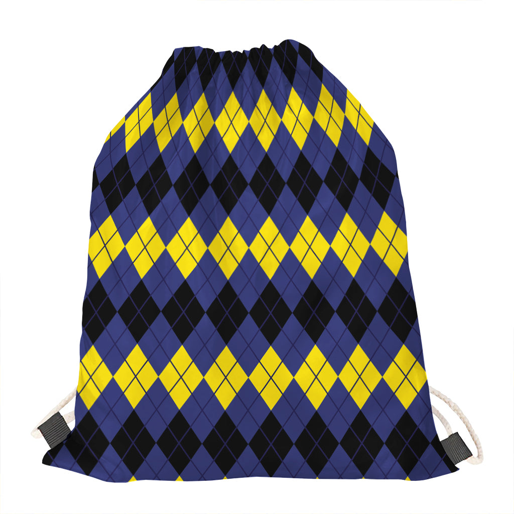 Black Yellow And Blue Argyle Print Drawstring Bag