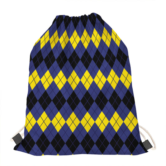 Black Yellow And Blue Argyle Print Drawstring Bag