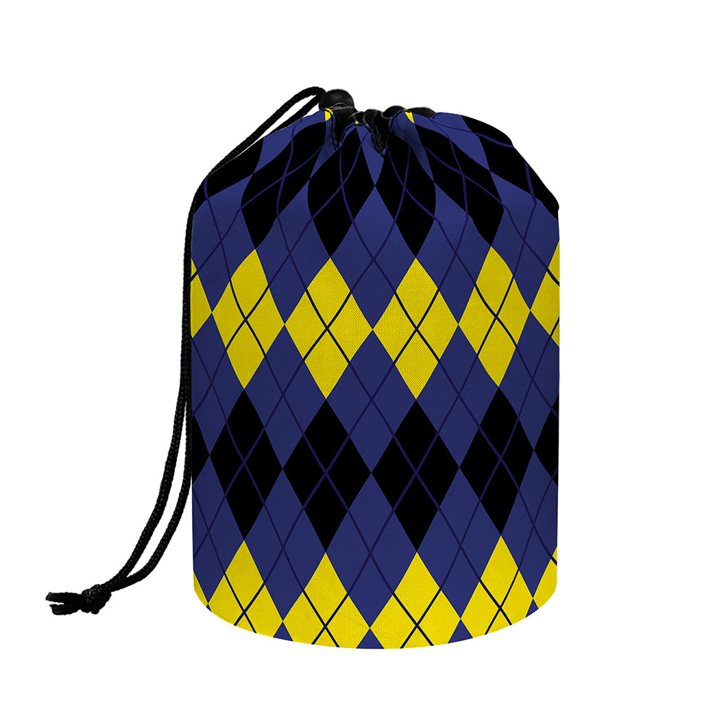 Black Yellow And Blue Argyle Print Drawstring Makeup Bag