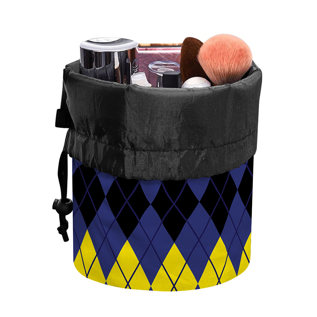 Black Yellow And Blue Argyle Print Drawstring Makeup Bag