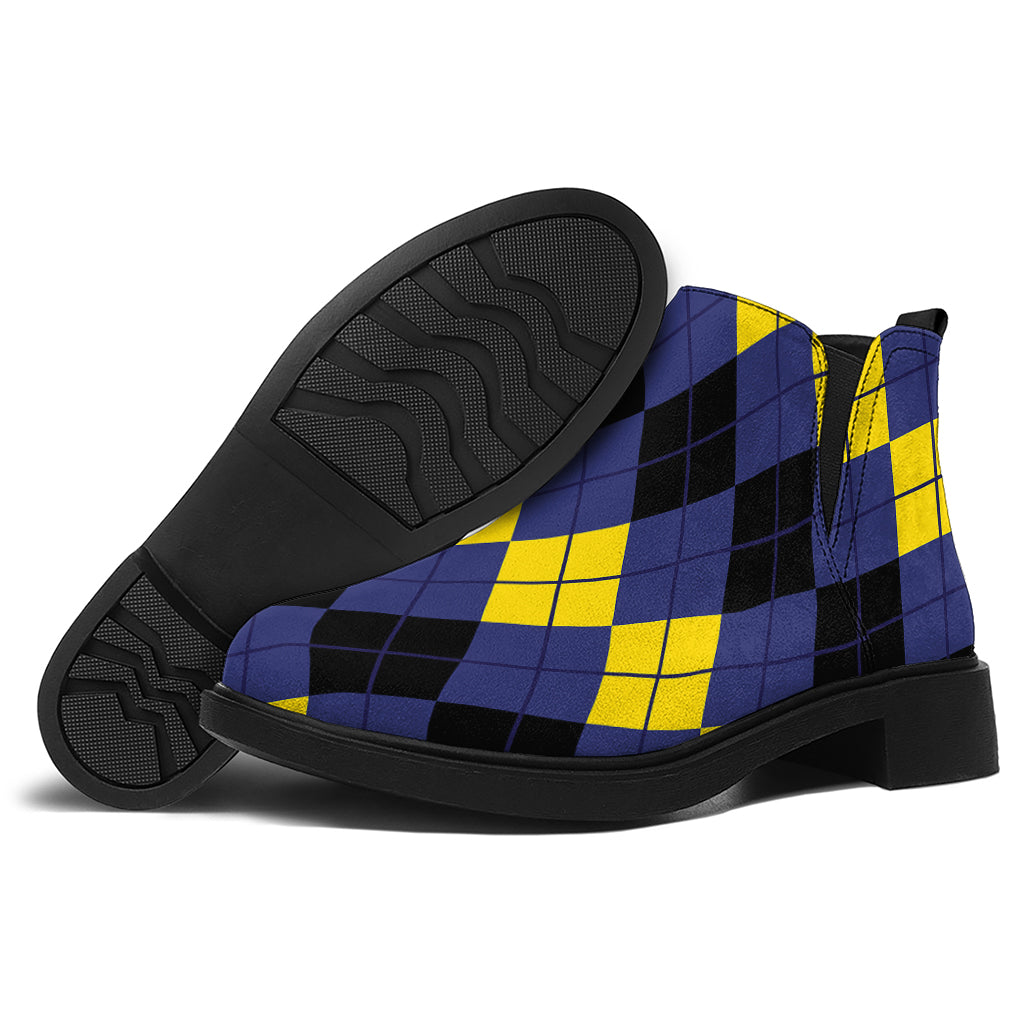 Black Yellow And Blue Argyle Print Flat Ankle Boots