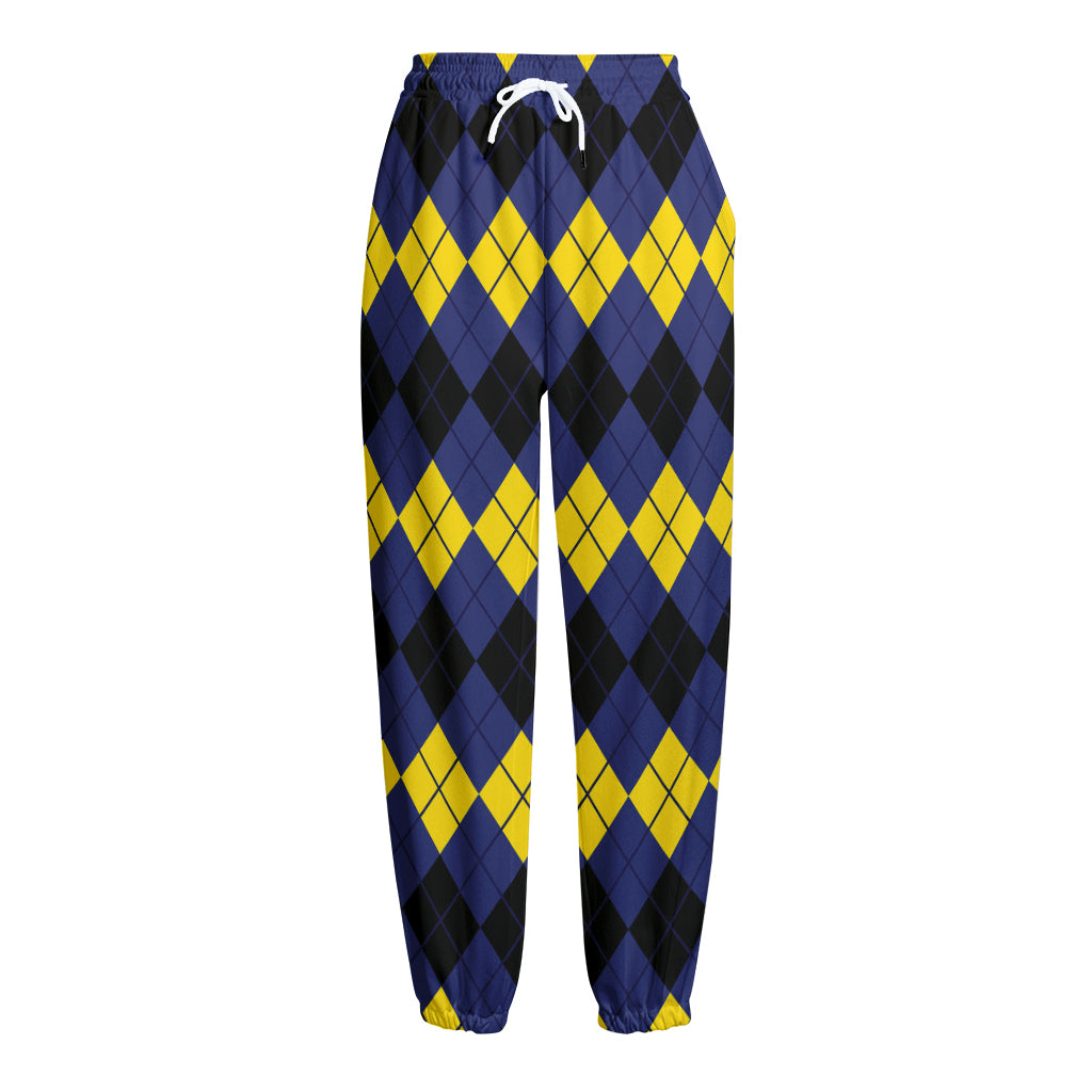 Black Yellow And Blue Argyle Print Fleece Lined Knit Pants