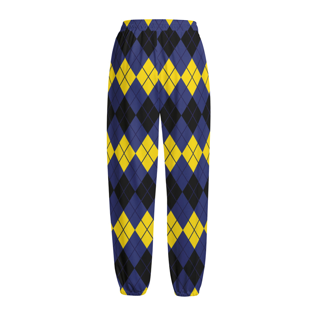 Black Yellow And Blue Argyle Print Fleece Lined Knit Pants