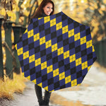Black Yellow And Blue Argyle Print Foldable Umbrella