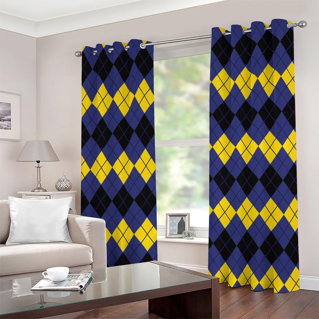 Black Yellow And Blue Argyle Print Grommet Curtains