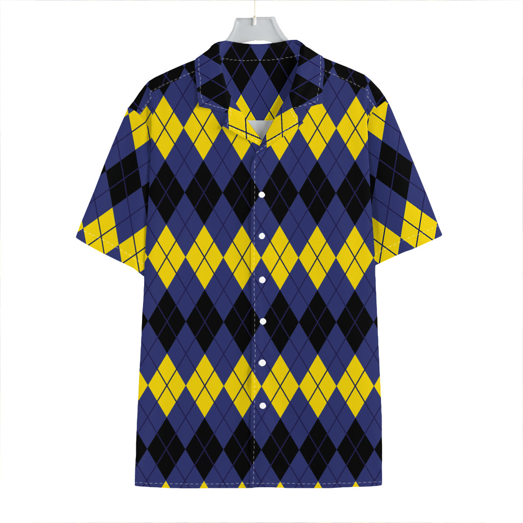 Black Yellow And Blue Argyle Print Hawaiian Shirt