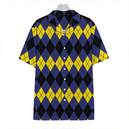 Black Yellow And Blue Argyle Print Hawaiian Shirt