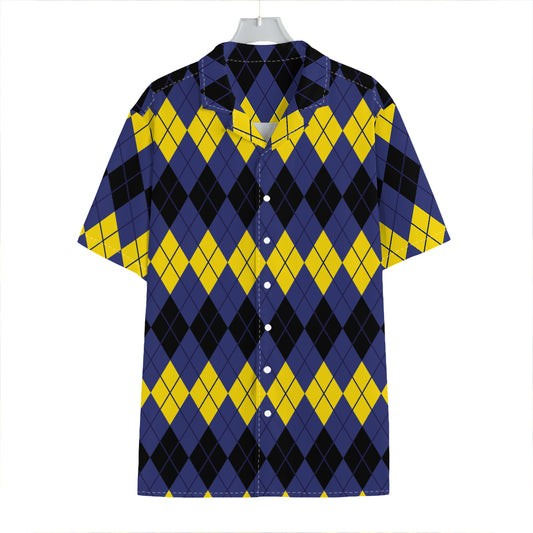 Black Yellow And Blue Argyle Print Hawaiian Shirt