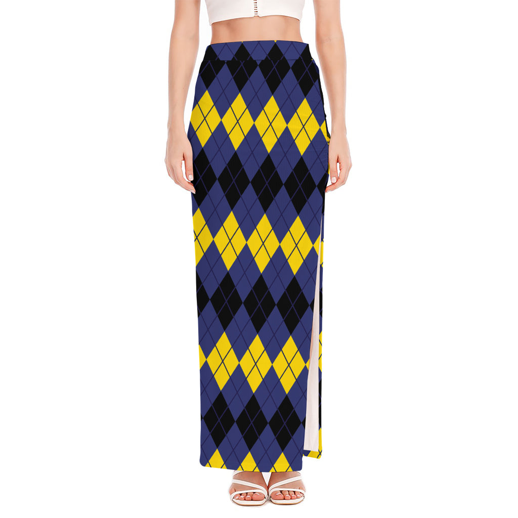 Black Yellow And Blue Argyle Print High Slit Maxi Skirt