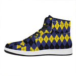 Black Yellow And Blue Argyle Print High Top Leather Sneakers