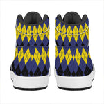 Black Yellow And Blue Argyle Print High Top Leather Sneakers