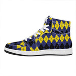 Black Yellow And Blue Argyle Print High Top Leather Sneakers