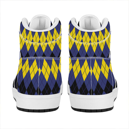 Black Yellow And Blue Argyle Print High Top Leather Sneakers