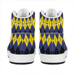 Black Yellow And Blue Argyle Print High Top Leather Sneakers