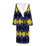 Black Yellow And Blue Argyle Print Hooded Bathrobe