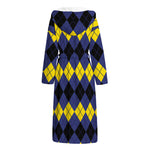 Black Yellow And Blue Argyle Print Hooded Bathrobe