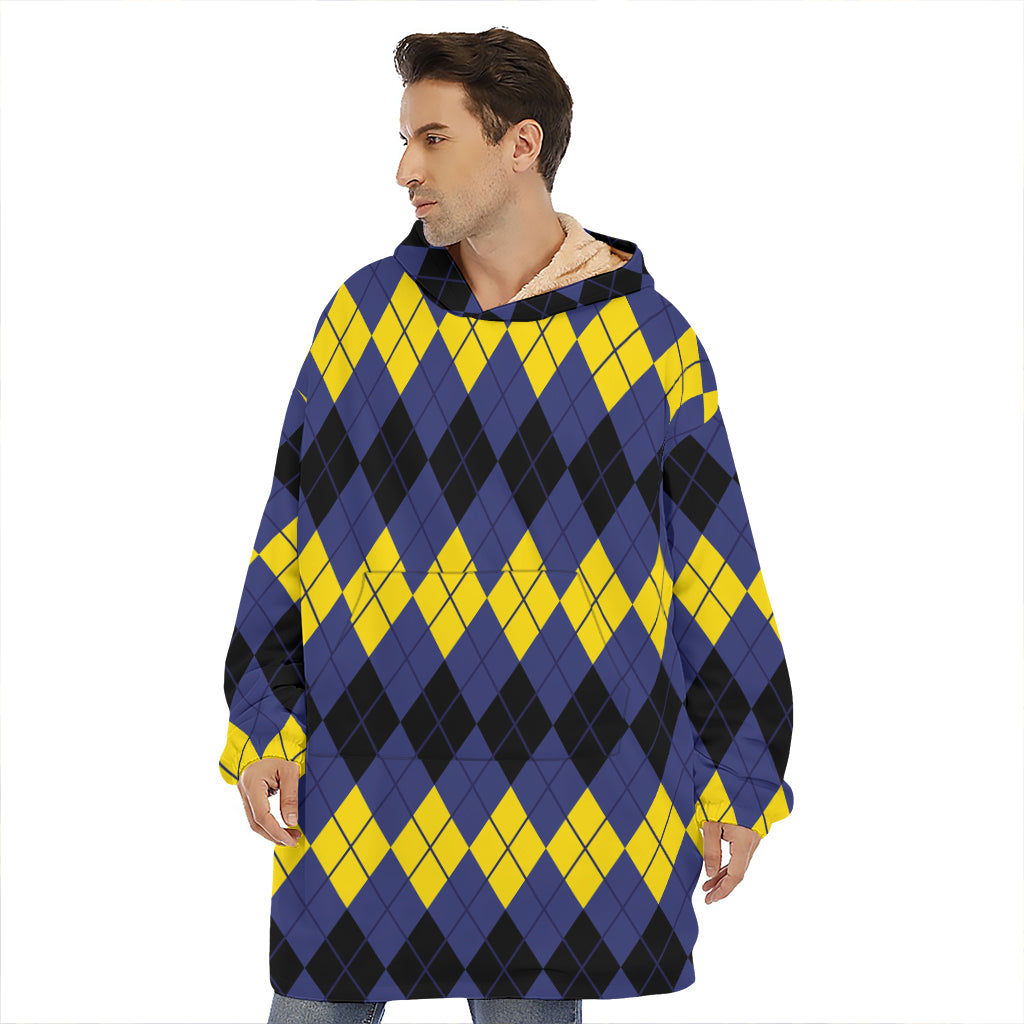 Black Yellow And Blue Argyle Print Hoodie Blanket