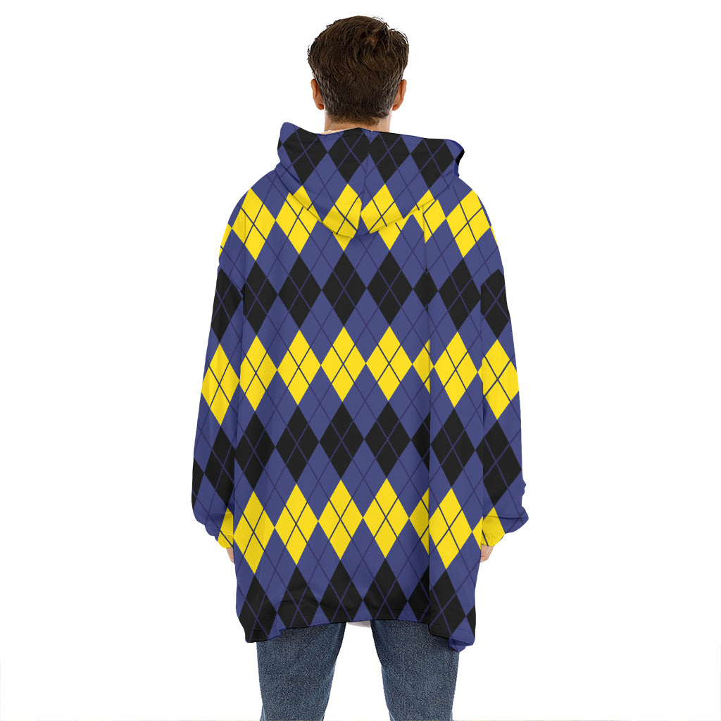 Black Yellow And Blue Argyle Print Hoodie Blanket