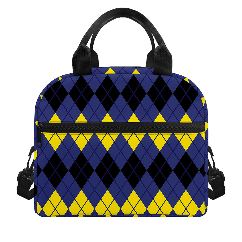 Black Yellow And Blue Argyle Print Insulated Lunch Bag