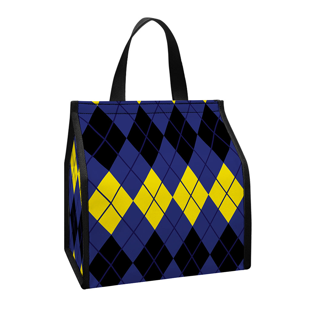 Black Yellow And Blue Argyle Print Insulated Lunch Tote