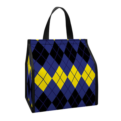 Black Yellow And Blue Argyle Print Insulated Lunch Tote