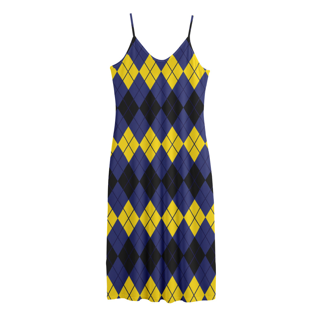 Black Yellow And Blue Argyle Print Jersey Midi Cami Dress