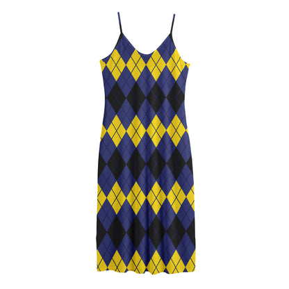 Black Yellow And Blue Argyle Print Jersey Midi Cami Dress