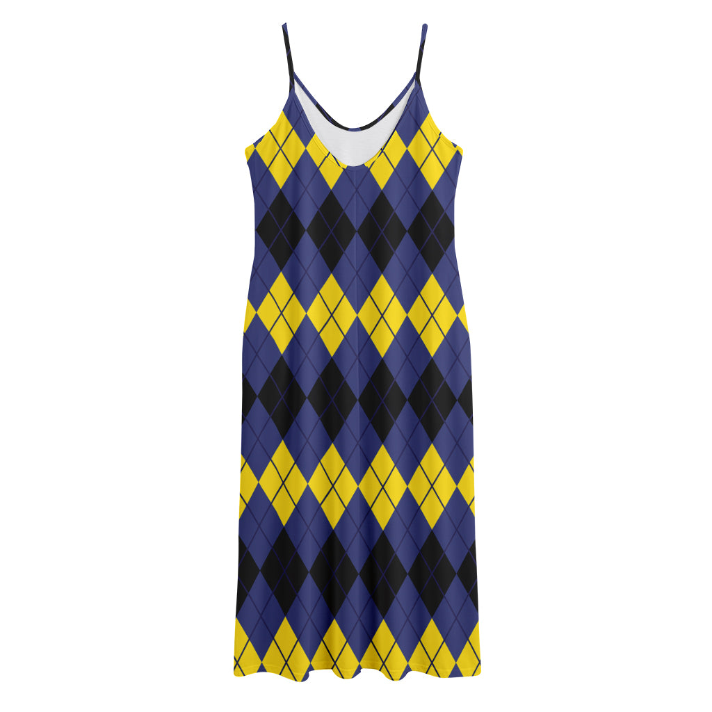 Black Yellow And Blue Argyle Print Jersey Midi Cami Dress