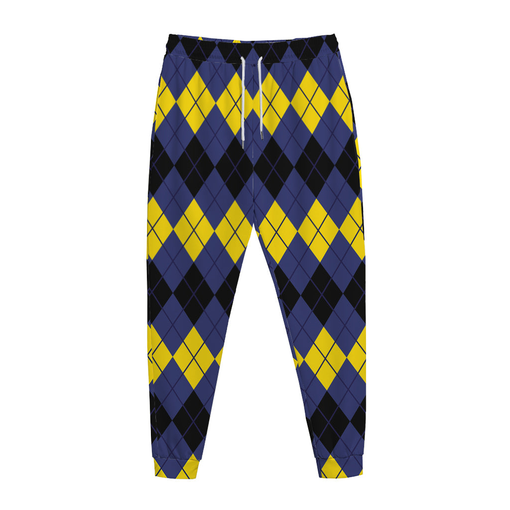 Black Yellow And Blue Argyle Print Jogger Pants