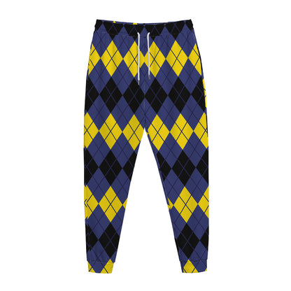 Black Yellow And Blue Argyle Print Jogger Pants
