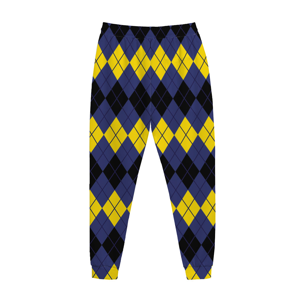 Black Yellow And Blue Argyle Print Jogger Pants
