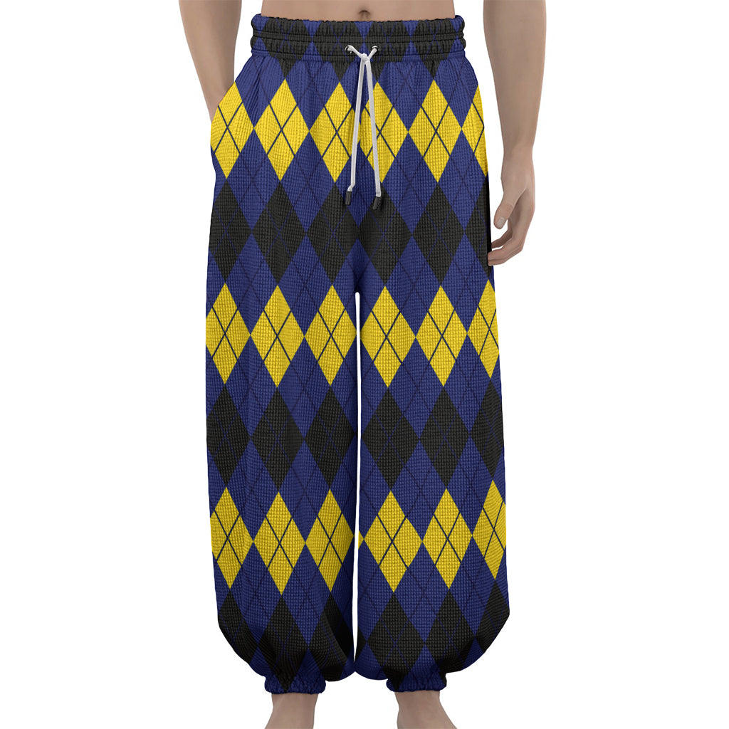 Black Yellow And Blue Argyle Print Lantern Pants
