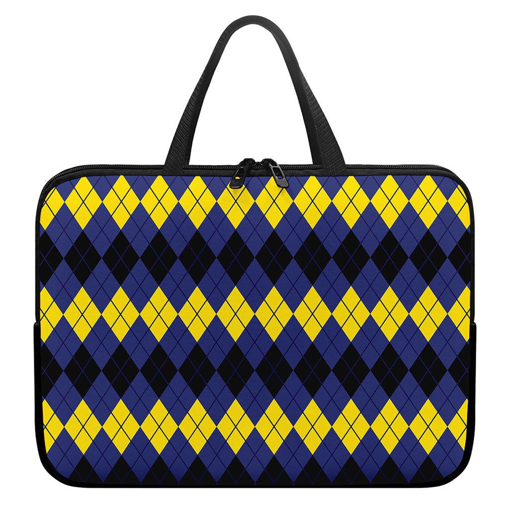 Black Yellow And Blue Argyle Print Laptop Sleeve With Handle