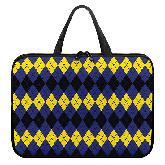 Black Yellow And Blue Argyle Print Laptop Sleeve With Handle