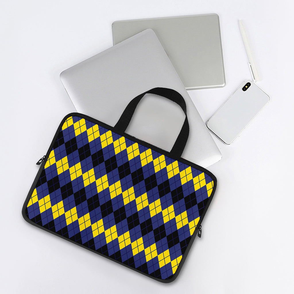 Black Yellow And Blue Argyle Print Laptop Sleeve With Handle