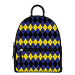 Black Yellow And Blue Argyle Print Leather Backpack