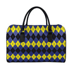 Black Yellow And Blue Argyle Print Leather Duffle Bag