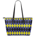 Black Yellow And Blue Argyle Print Leather Tote Bag With Zipper