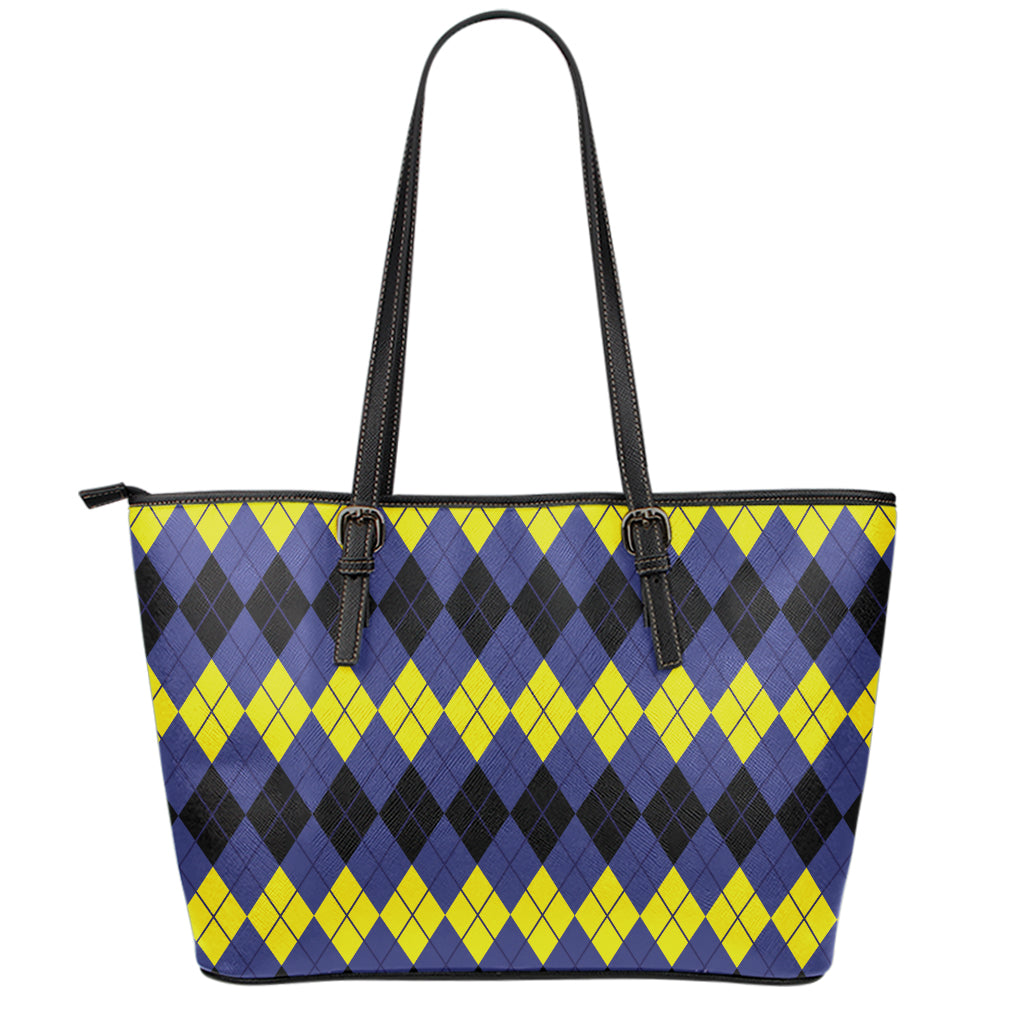 Black Yellow And Blue Argyle Print Leather Tote Bag