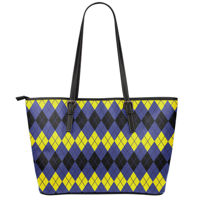 Black Yellow And Blue Argyle Print Leather Tote Bag