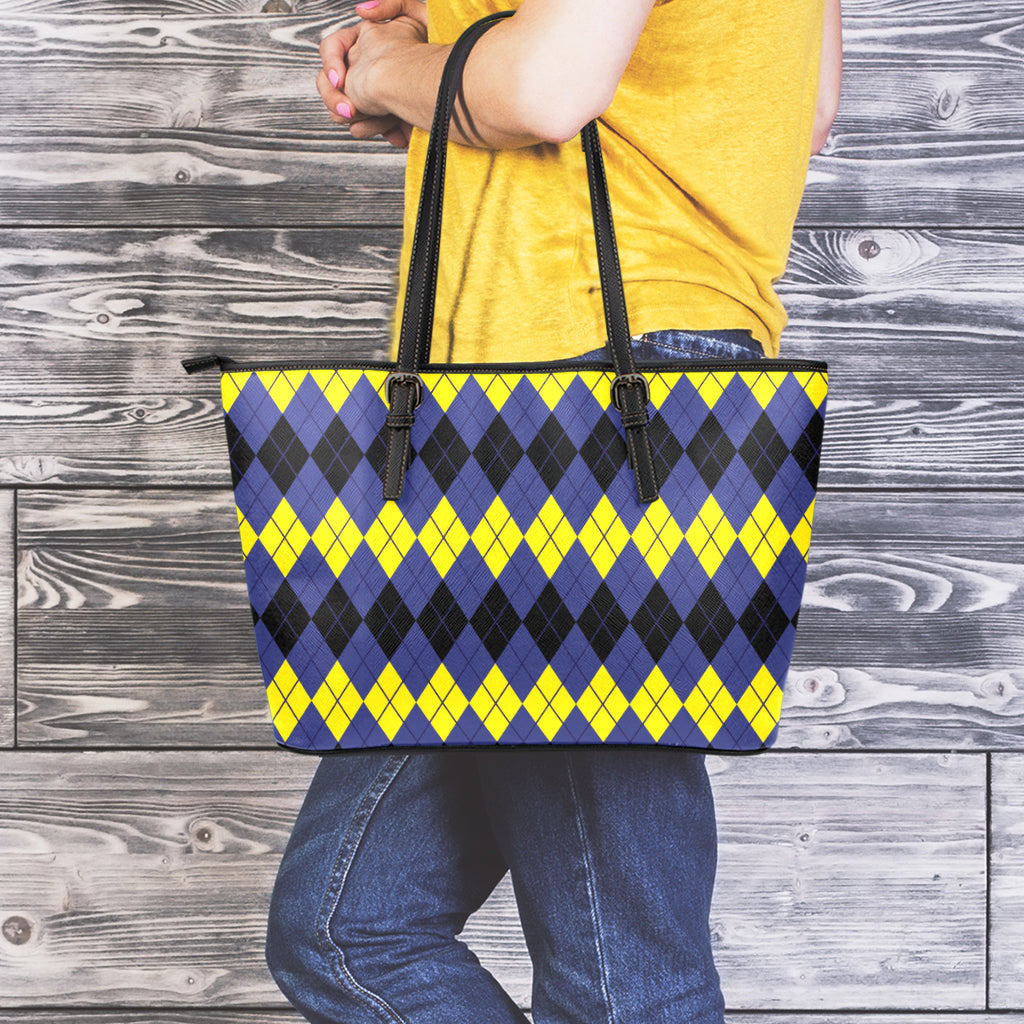 Black Yellow And Blue Argyle Print Leather Tote Bag