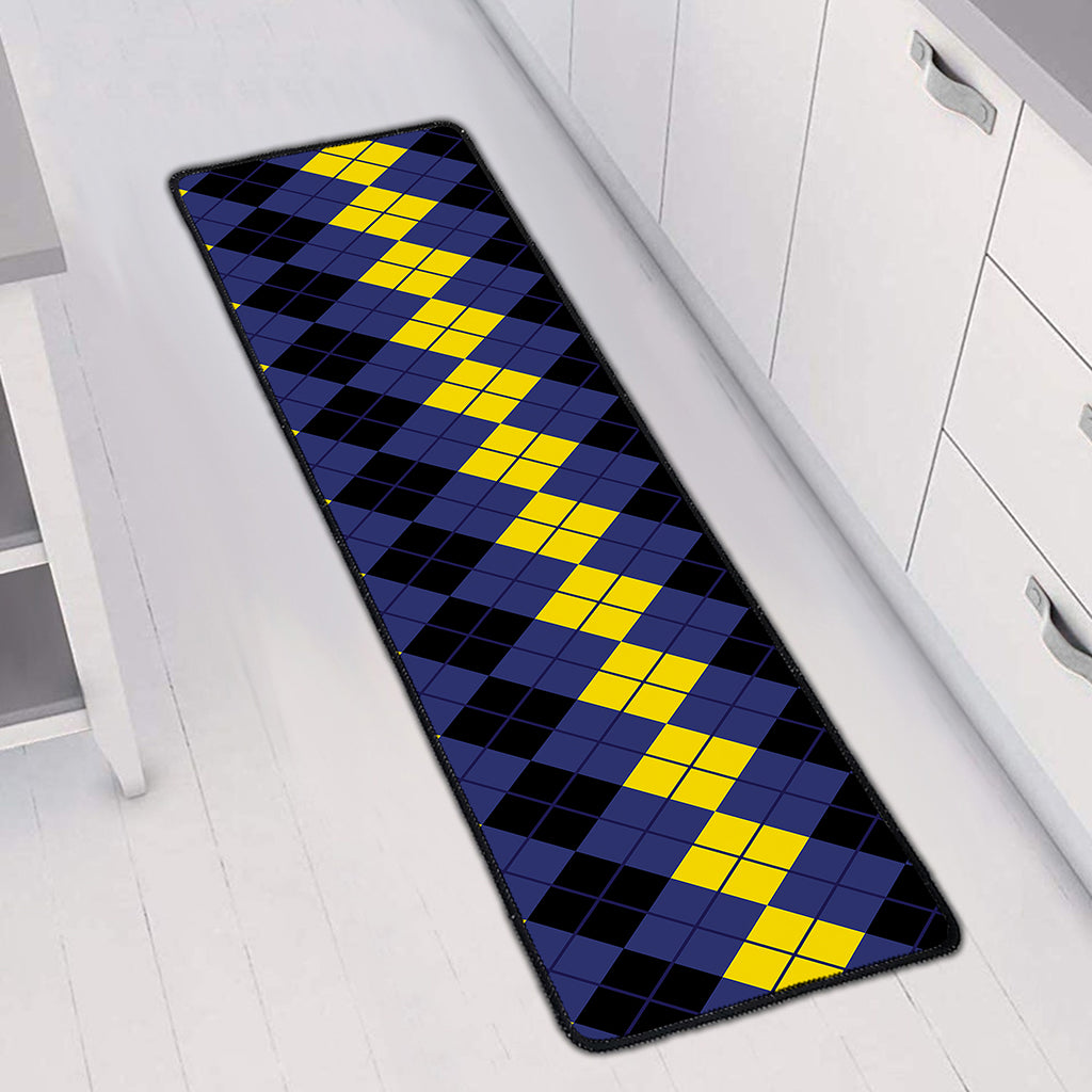 Black Yellow And Blue Argyle Print Long Kitchen Mat