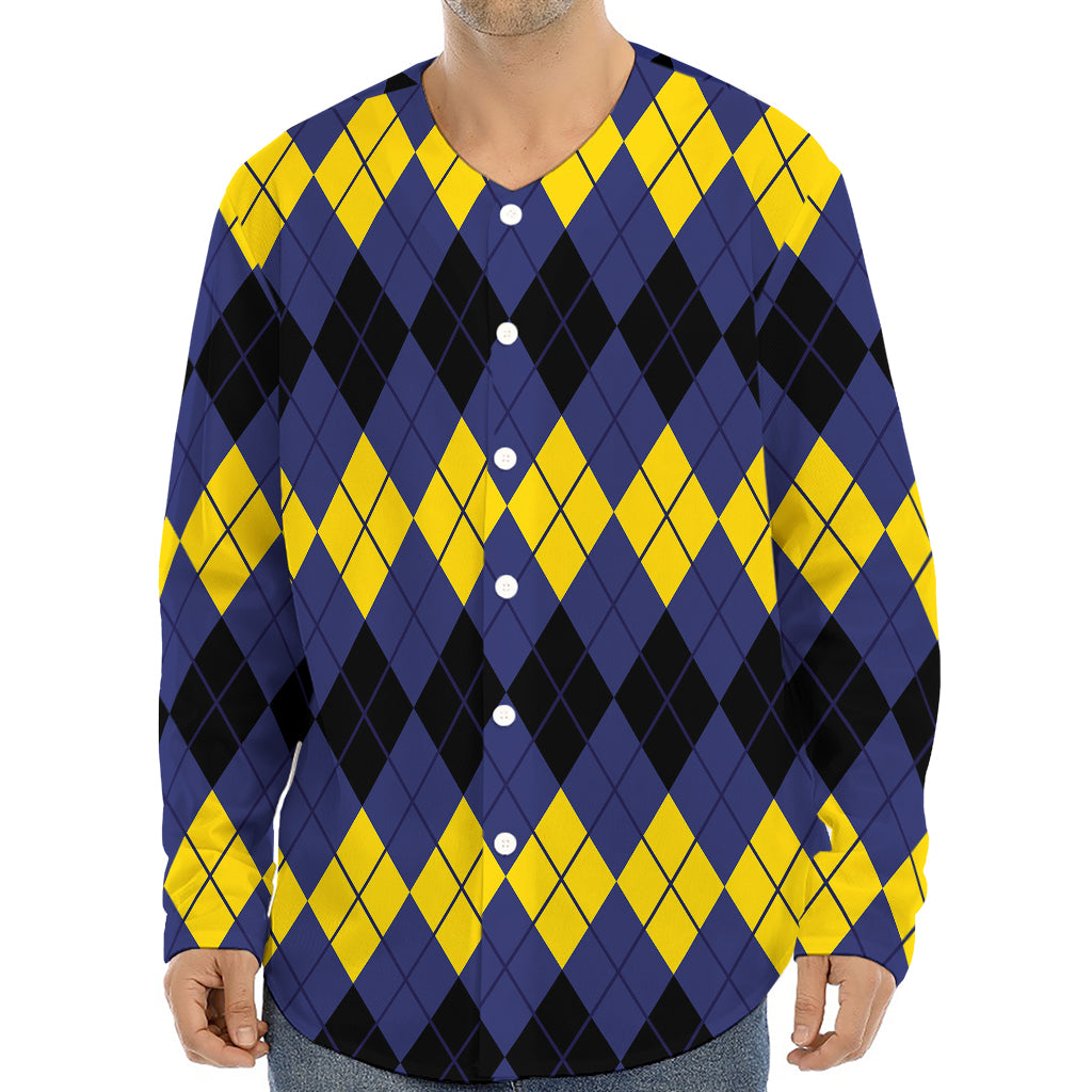 Black Yellow And Blue Argyle Print Long Sleeve Baseball Jersey