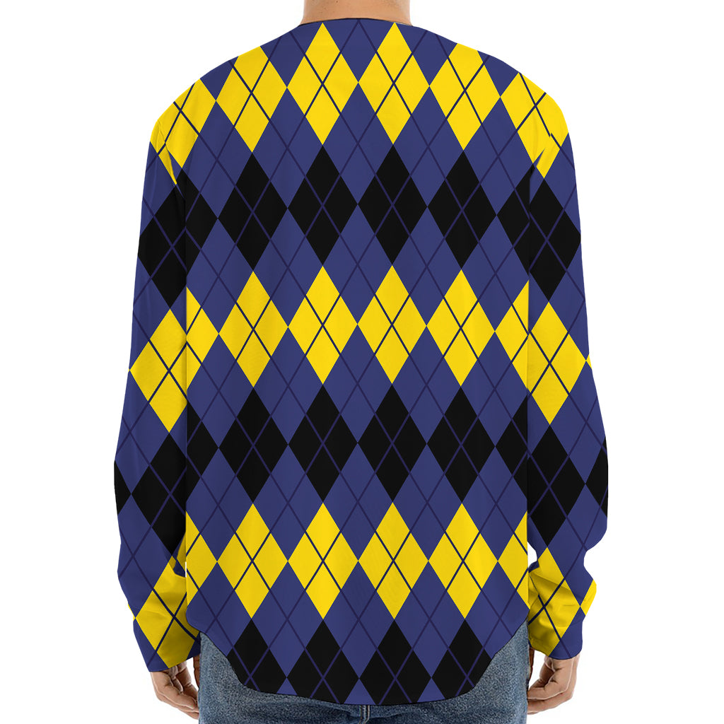 Black Yellow And Blue Argyle Print Long Sleeve Baseball Jersey