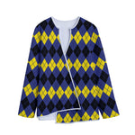 Black Yellow And Blue Argyle Print Long Sleeve Short Coat