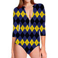 Black Yellow And Blue Argyle Print Long Sleeve Swimsuit