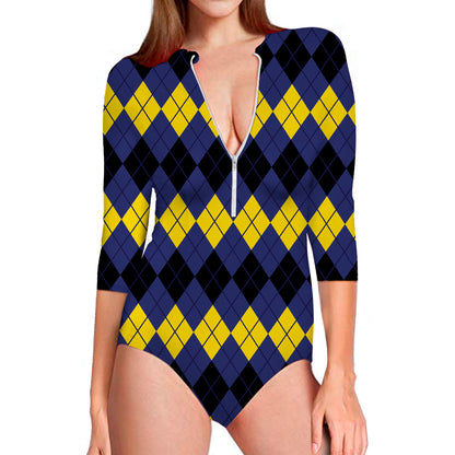 Black Yellow And Blue Argyle Print Long Sleeve Swimsuit